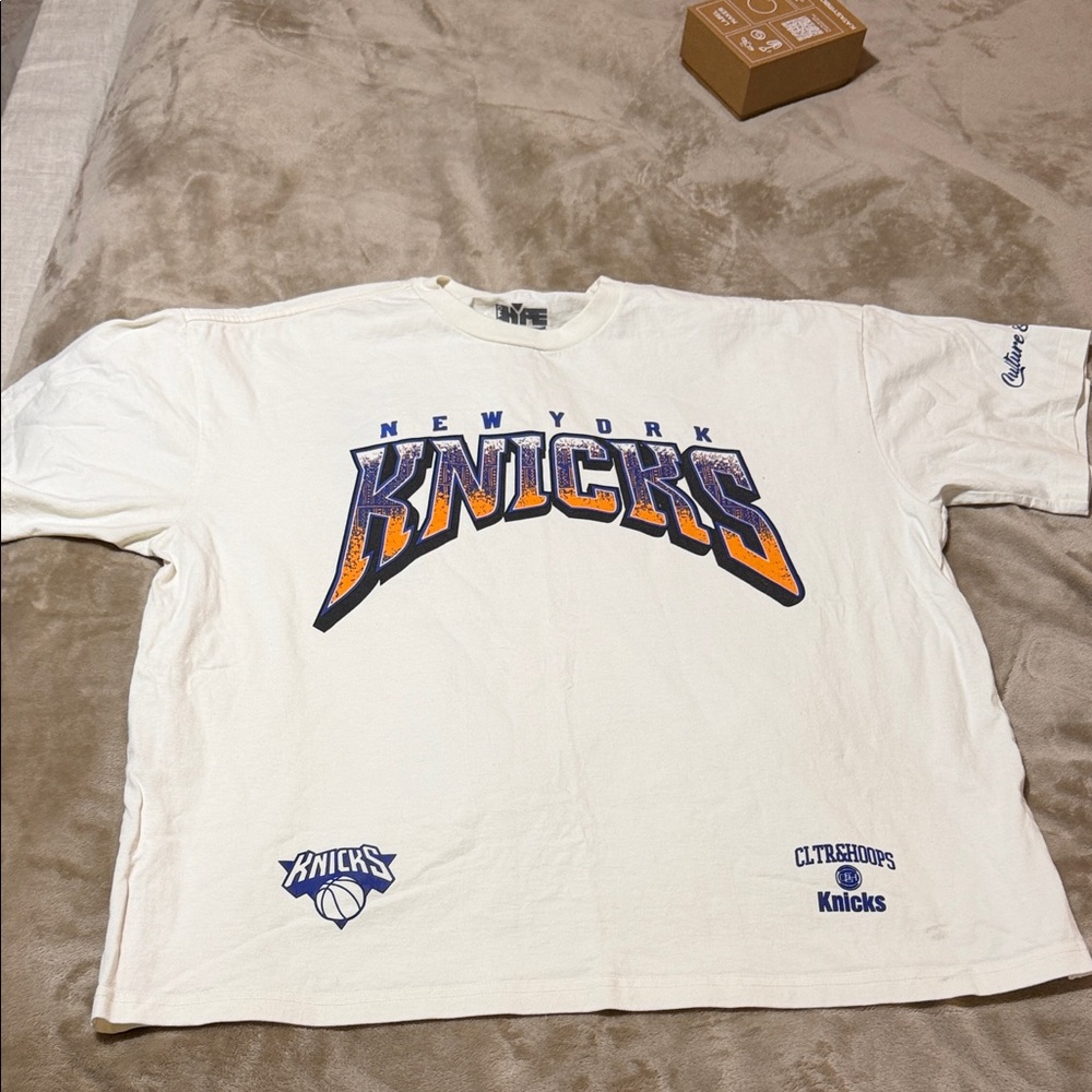 NBA New York Knicks White Tee with Orange & Blue Graphic